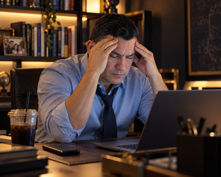 Antonio Centeno at his desk, head in his hands, looking like a man who has it together but doesn't feel it