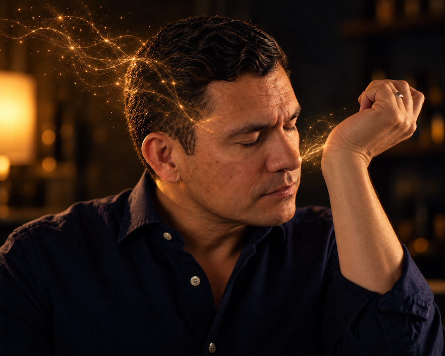 Antonio Centeno breathing in a fragrance from his wrist, golden light tracing from the scent to his mind