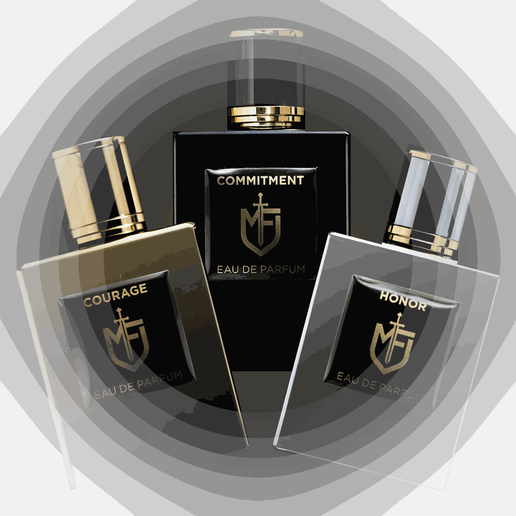 Honor, Courage, and Commitment bottles from the Mission Fragrances set